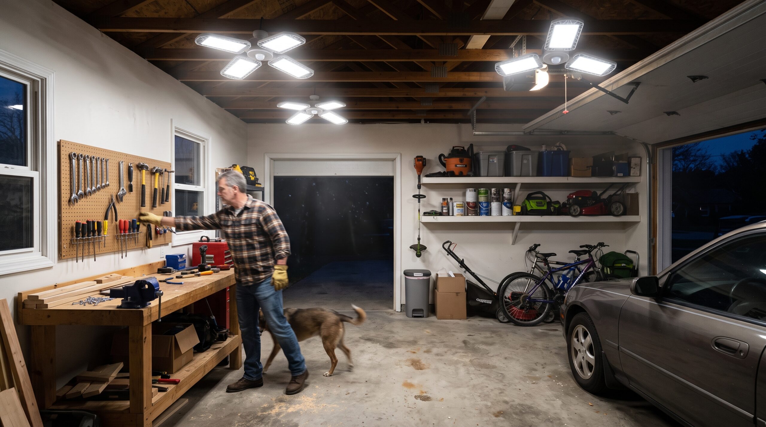 Motion-sensor LED work lights illuminating a home garage workshop