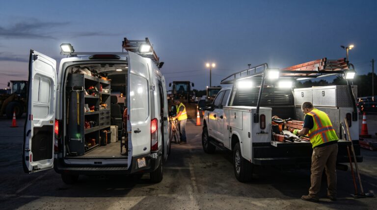 Truck mounted work lights illuminating service vans and contractor trucks at a construction site at dusk