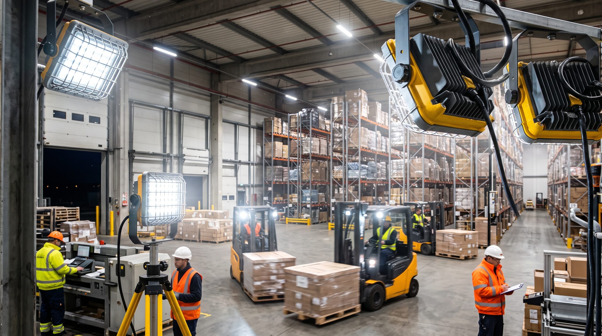 Heavy-duty work lights illuminating a busy warehouse with forklifts and workers