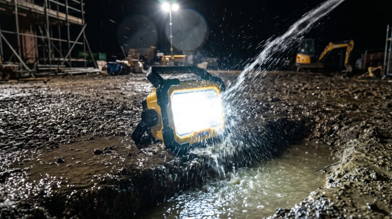 Waterproof LED work light operating in heavy rain at an outdoor construction site