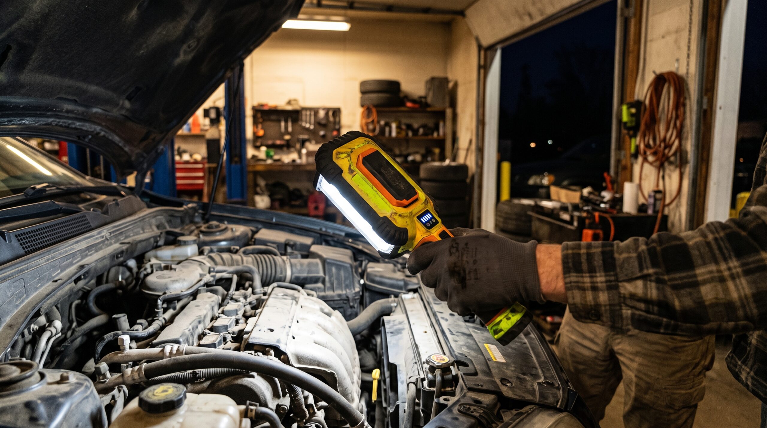 Rechargeable LED work light illuminating a car engine during garage repairs