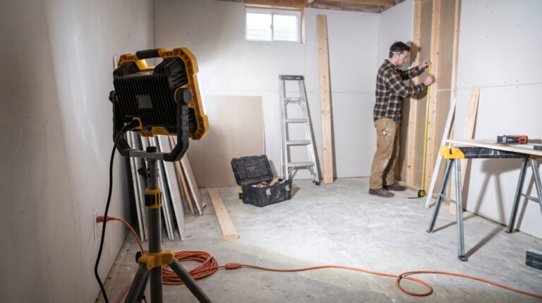 LED work light illuminating a room during a home renovation project