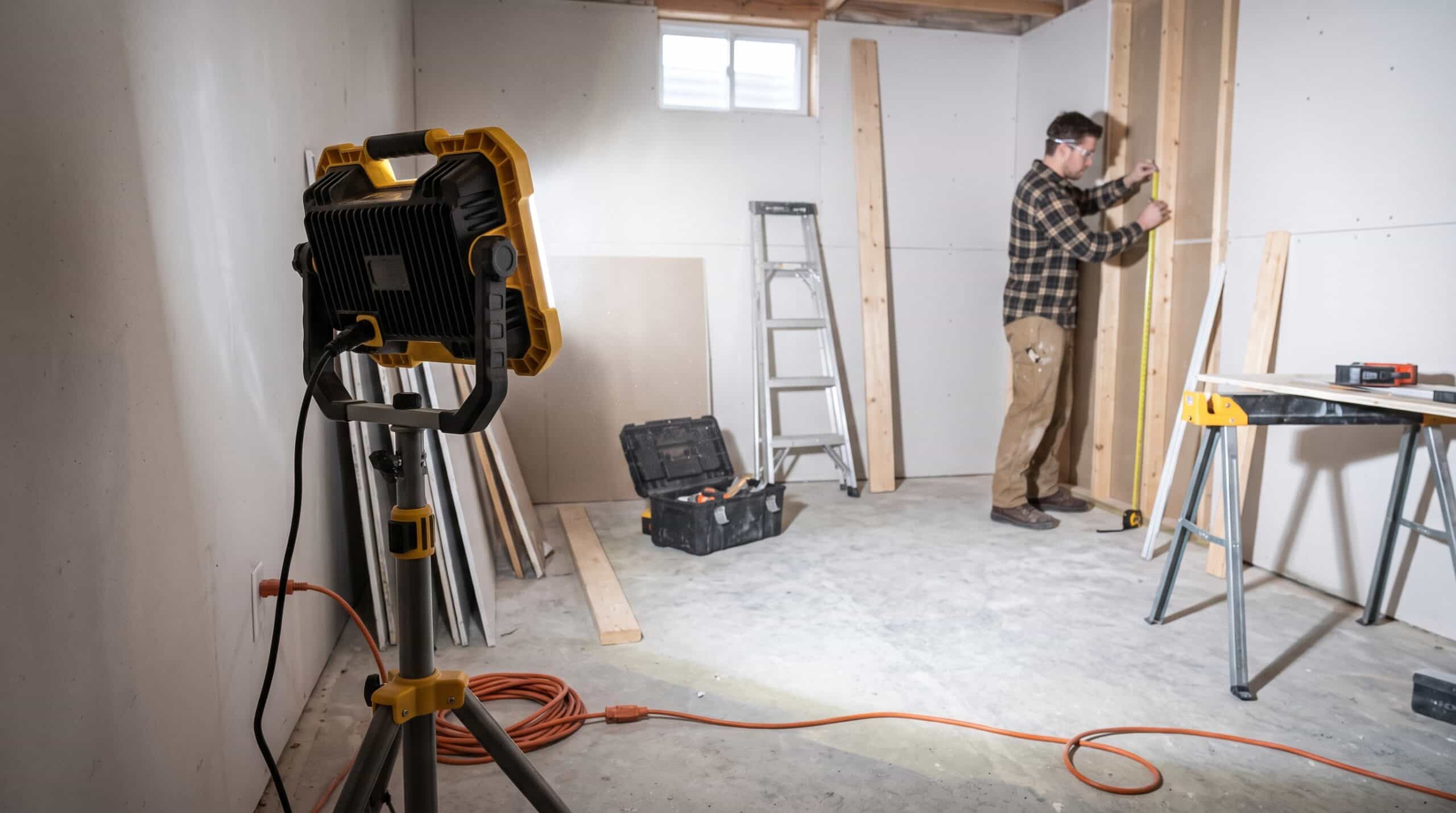 LED work light illuminating a room during a home renovation project