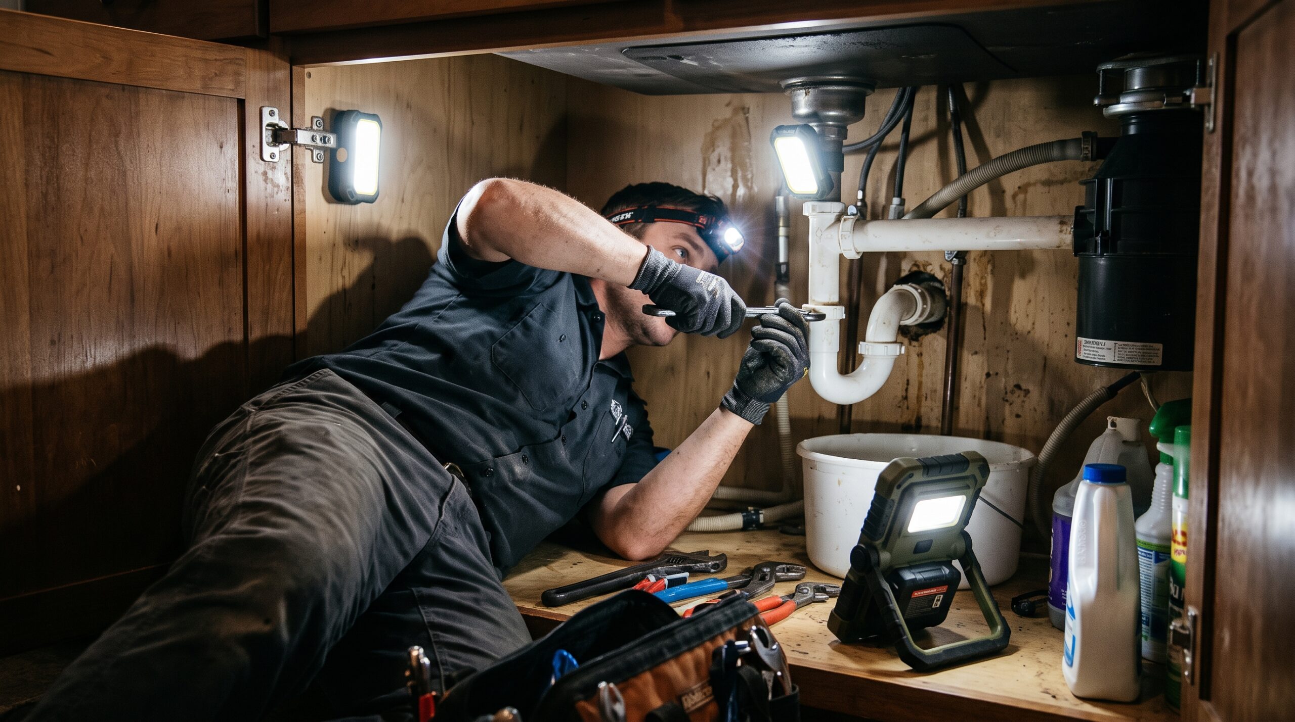 Plumber using compact LED work lights to repair pipes under a kitchen sink